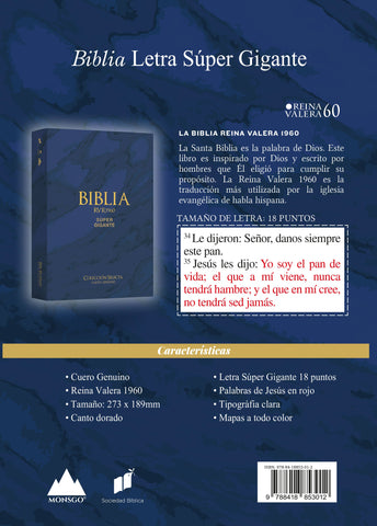 Image of Biblia RVR 1960 Letra Súper Gigante Cuero Genuino Azul con Índice
