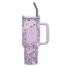 Image of Trust in the Lord with All Your Heart Large Stainless Steel Mug with Handle and Straw Purple Floral Prov. 3:5