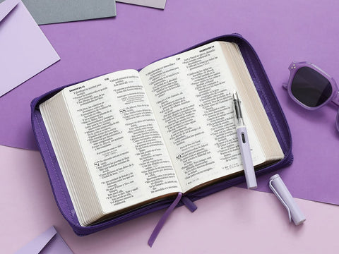 Image of Biblia RVR 1960 Compacta Lila Hojas Primavera Símil Piel con Cierre