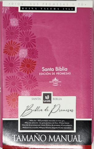 Image of Biblia RVR 1960 de Promesas Letra Grande Tamaño Manual Rosada Flores Simil Piel con Cierre