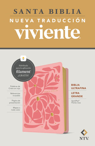 Image of Biblia NTV Ultrafina Letra Grande con Filament Símil Piel Flores Rosa Letra Roja