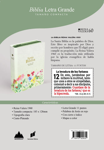 Image of Biblia RVR 1960 Compacta Letra Grande 11 puntos Símil Piel Verde Claro Flores con Cierre y Índice