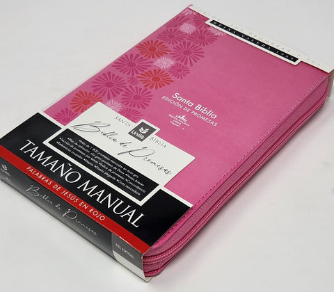Image of Biblia RVR 1960 de Promesas Letra Grande Tamaño Manual Rosada Flores Simil Piel con Cierre