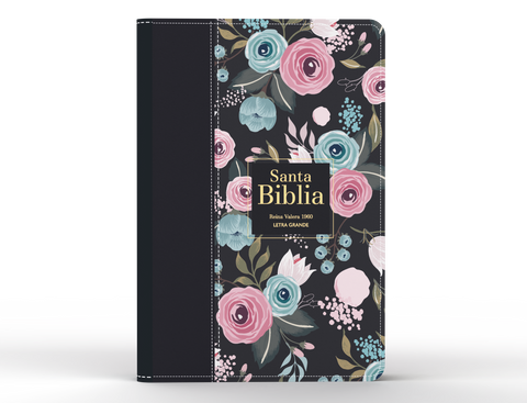 Image of Biblia RVR 1960 Letra Grande Tamaño Manual Símil Piel Flores Negro