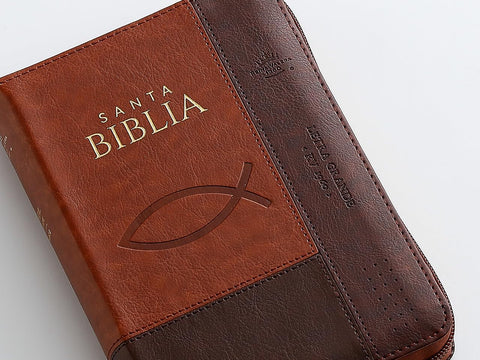 Image of BIBLIA RVR 1960 COMPACTA TRICOLOR MARRON ICHTUS SIMIL PIEL CON INDICE Y CIERRE