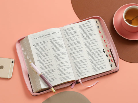 Image of Biblia RVR 1960 Letra Gigante Tricolor Café Rosa Mariposas Símil Piel con Índice y Cierre