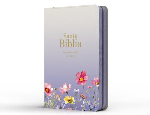 Image of Biblia RVR 1960 Letra Gigante 14 puntos Símil Piel Lila Flores con Cierre e Índice
