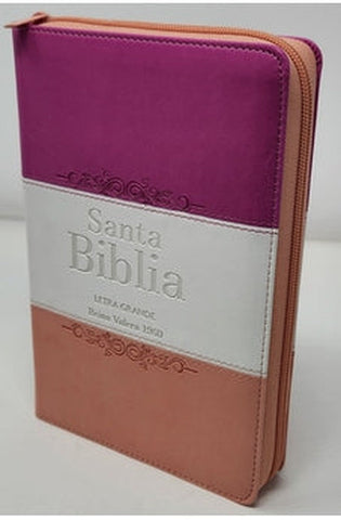 Image of Biblia RVR 1960 Letra Grande Tamaño Manual Tricolor Guinda Crema Melón con Cierre con Índice