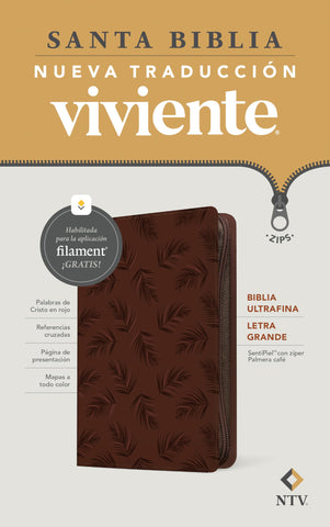 Image of Biblia NTV Ultrafina  Letra Grande con Filament Símil Piel Palmera Café Letra Roja Cierre