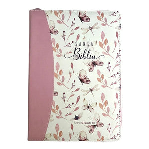 Biblia RVR 1960 Letra Gigante Símil Piel Mariposas Rosa con Índice y Cierre