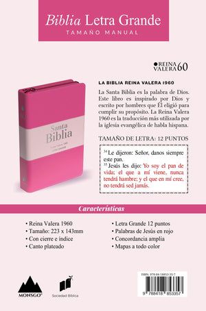 Biblia RVR 1960 Letra Grande Tamaño Manual Tricolor Fucsia Palo Rosa Fucsia con Cierre e Índice