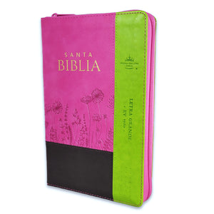 Biblia RVR 1960 Letra Grande Tamaño Manual Tricolor Marrón Fucsia Lima Símil Piel con Índice y Cierre