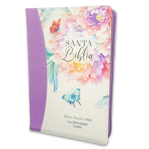 Biblia RVR 1960 Súper Gigante Jardin Lila Canto Pintado Cierre Índice Símil Piel