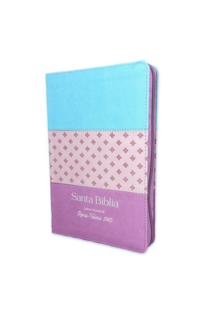 Biblia RVR 1960 Letra Grande Tamaño Manual Símil Piel Tricolor Azul Rosa Lila con Índice y Cierre