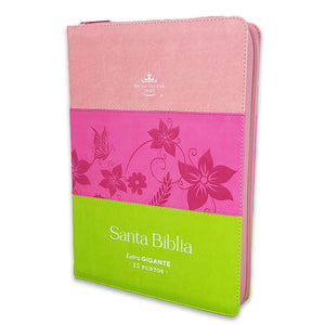 Biblia RVR 1960 Letra Gigante Tricolor Rosa Fucsia Lima Símil Piel con Índice y Cierre
