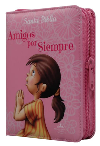 Image of Biblia RVR 1960 Amigos por Siempre Bolsillo Letra Mediana Vinil Acolchada Rosa Infantil