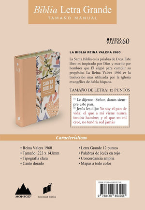 Biblia RVR 1960 Letra Grande Tamaño Manual Símil Piel Naranja Clara