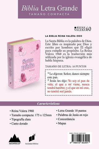 Image of Biblia RVR 1960 Compacta Símil Piel Juvenil Mariposa Rosada