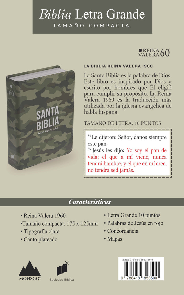 Biblia RVR 1960 Compacta Símil Piel Camuflaje Verde 4 978 84 18853 50