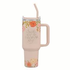 Image of Consider the Wildflowers 40 oz Peach Stainless Steel Tumbler with Straw - Luke 12:27