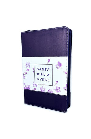 Biblia RVR 1960 Letra Grande Tamaño Manual Símil Piel Tricolor Lila Flores Lila con Índice y Cierre
