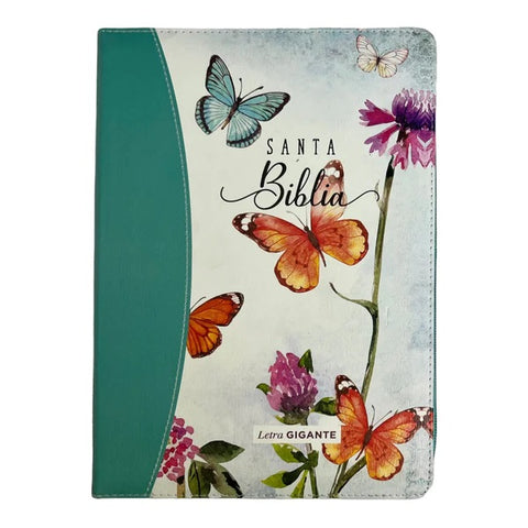 Image of Biblia RVR 1960 Letra Gigante Símil Piel Mariposas Turquesa con Índice y Cierre