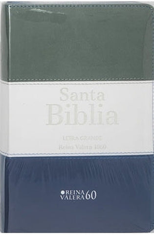 Image of Biblia RVR 1960 Letra Grande Tamaño Manual Tricolor Gris Crema Azúl con Cierre con Índice