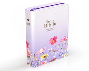 Biblia RVR 1960 Compacta Letra Grande 11 puntos Símil Piel Lila Flores con Cierre y Índice