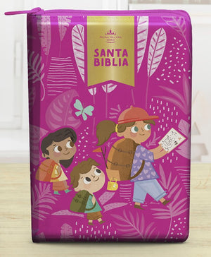 Biblia RVR 1960 Interactiva Para Niños Letra Grande Rosa Símil Piel Con Cierre