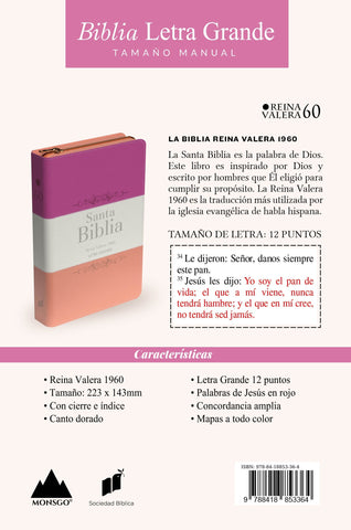 Image of Biblia RVR 1960 Letra Grande Tamaño Manual Tricolor Guinda Crema Melón con Cierre e Índice