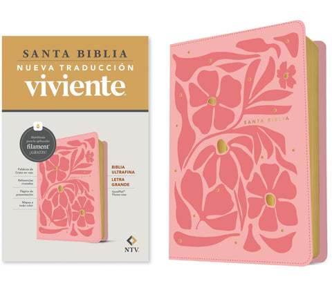 Image of Biblia NTV Ultrafina  Letra Grande con Filament Símil Piel Flores Rosa Letra Roja