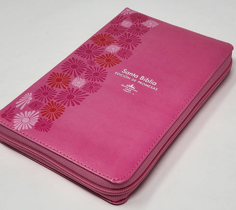 Image of Biblia RVR 1960 de Promesas Letra Grande Tamaño Manual Rosada Flores Simil Piel con Cierre