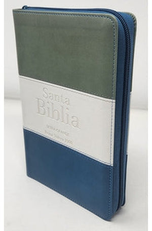 Biblia RVR 1960 Letra Grande Tamaño Manual Tricolor Gris Crema Azúl con Cierre con Índice