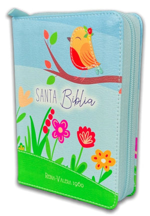 Biblia RVR 1960 Bolsillo Azul Verde Pájaro Símil Piel con Cierre